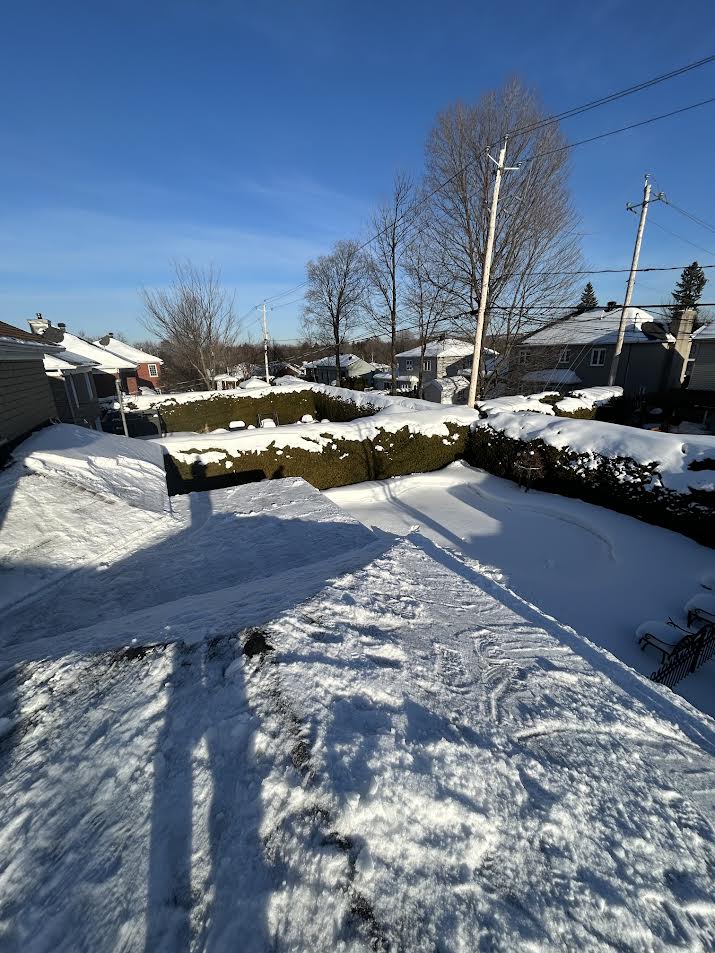 Vue d’une toiture résidentielle en hiver avant intervention